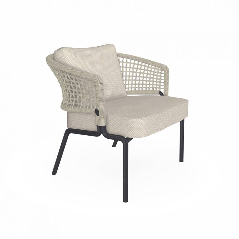 Matte Black Frame Beige Lattice Woven Rope Outdoor Armchair with Removable Cushions